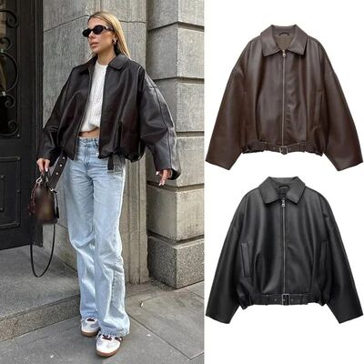 Vintage PU Leather Bomber Jackets 2025 Autumn New Ladies Zip