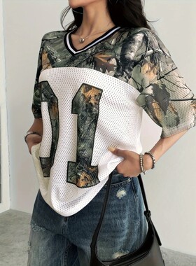 Summer Women's V-Neck Camouflage Letter Print Sport Quick-Dr