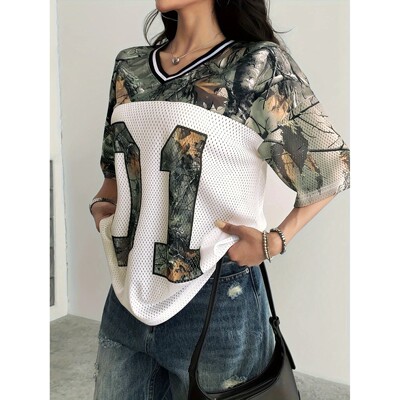 Summer Women's V-Neck Camouflage Letter Print Sport Quick-Dr