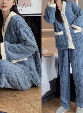 2pcs/Set Autumn and Winter Pajamas Women Thickened Padded Wa