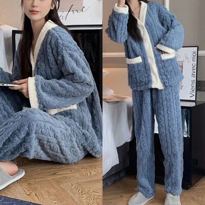 2pcs/Set Autumn and Winter Pajamas Women Thickened Padded Wa