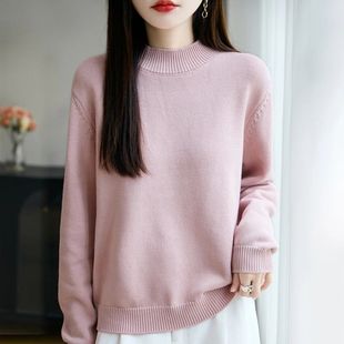 100% pure cotton women's knitted sweater solid color round n