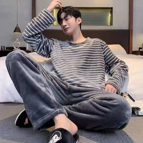 Winter Men Soft Sleepwear 2PCS/Set Coral Fleece Fashion Stri