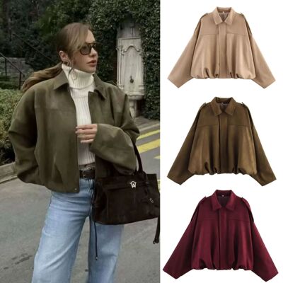 Women's Fashion Pilot Jacket with Bat Sleeves and Zipper, Ca