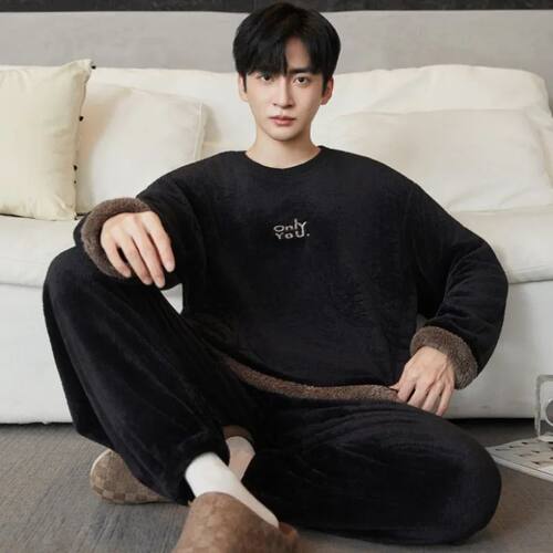 Flannel Pajamas Set Men's Winter Warm Coral Fleece Thickened