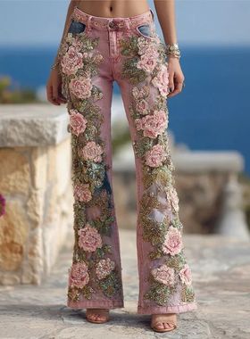 2025 New Women's 3D Digital Print Slimming Denim-like Polyes