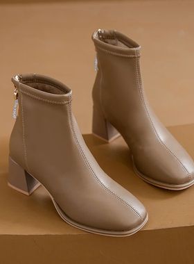 2024 New Autumn Low-barrel Elastic Thin Leather Women's Boot