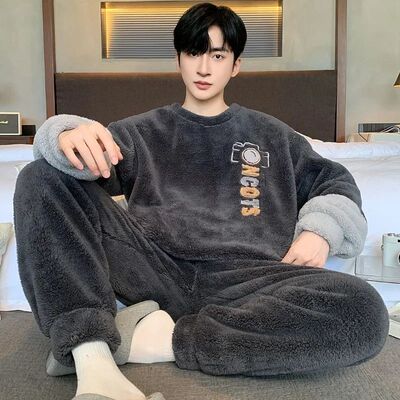 Large Size Thicken Flannel Pajamas Men Winter Warm Plush Sof