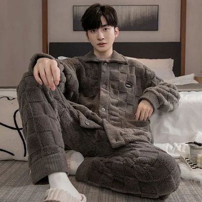 Autumn/Winter Men's Pajamas: Thickened Fleece-Lined Long-Sle