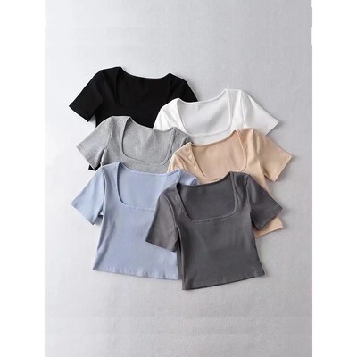 Women Square Neck Rib Crop T-shirt Short Sleeve Crop Top