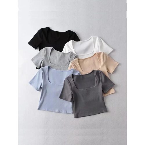 Women Square Neck Rib Crop T-shirt Short Sleeve Crop Top
