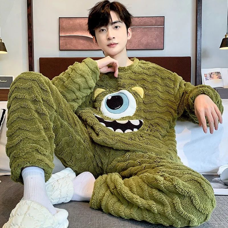 Men's Thickened Fleece-Lined Cartoon Flannel Pajamas Winter