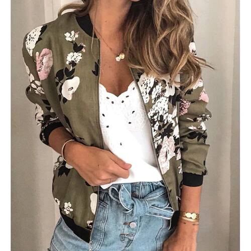 Women Elegant Zipper Bomber Jacket Spring Autumn Floral Prin