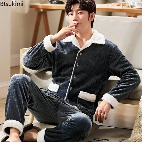 2025 Autumn Winter Thicken Flannel Pajamas Men Red Pyjamas S