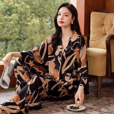Premium Women's Ice Silk Pajama Set Lightweight Long Sleeve