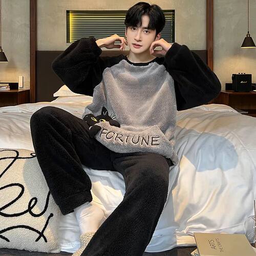 L-4XL Plus Size Men Winter Pajamas Set Korean Cartoon Nightw