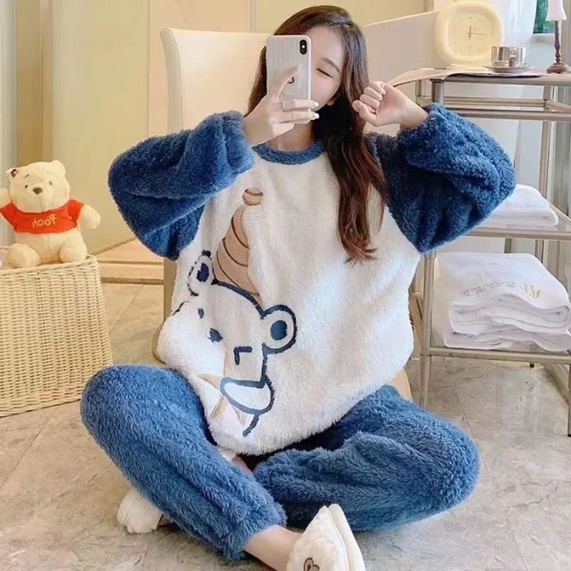 Thickened Warm Flannel Women Sleepwear Coral Velvet Pajamas