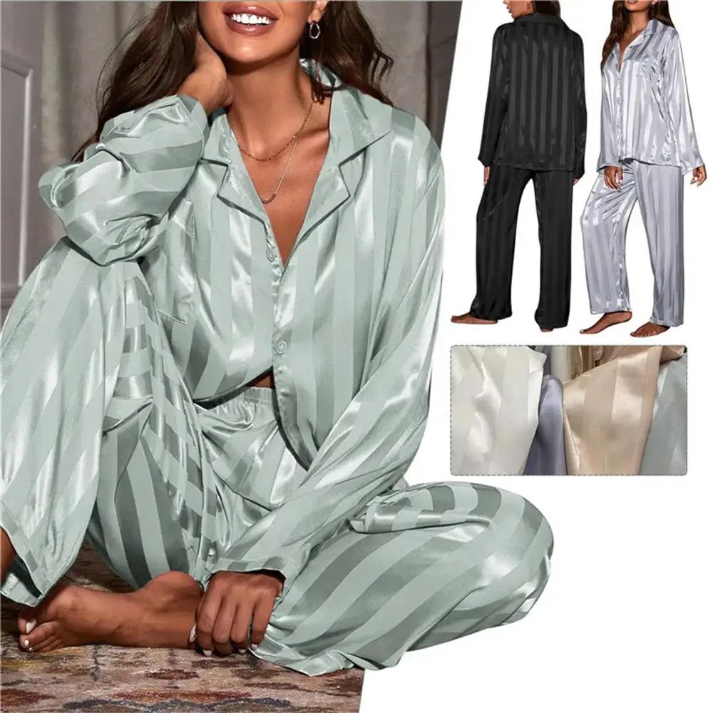 Women's Summer Striped Pajama Set Long Sleeve Top Trousers S