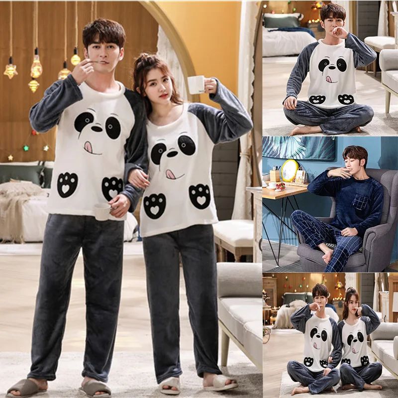 Thickened Warm Spring Fall and Winter Pajamas 2PCS/Set Men a