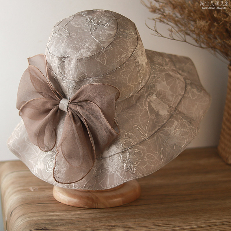 大檐凉帽薄款夏季新款透气遮阳帽女士户外优雅蝴蝶结中老年太阳帽