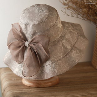 大檐凉帽薄款夏季新款透气遮阳帽女士户外优雅蝴蝶结中老年太阳帽