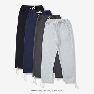 复古厚长裤 OKONKWO抽绳直筒运动加绒卫裤 男380克纯棉水洗重磅美式