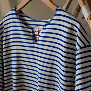 短袖 男女个性 纯棉滑肩T恤 法风复古V领蓝白条纹海魂衫 大航海年代