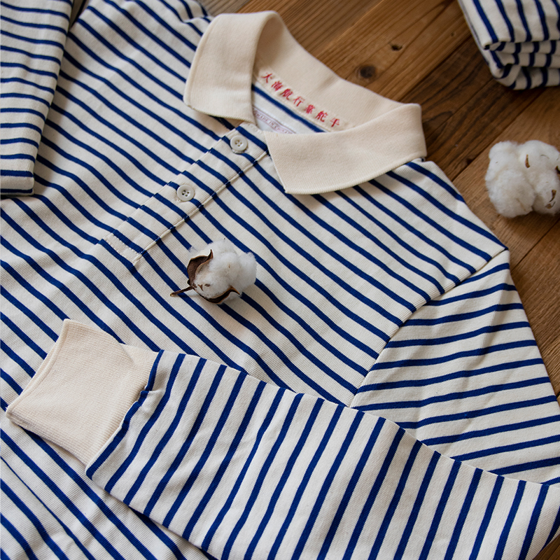 300G海魂条纹白色翻领POLO衫T恤