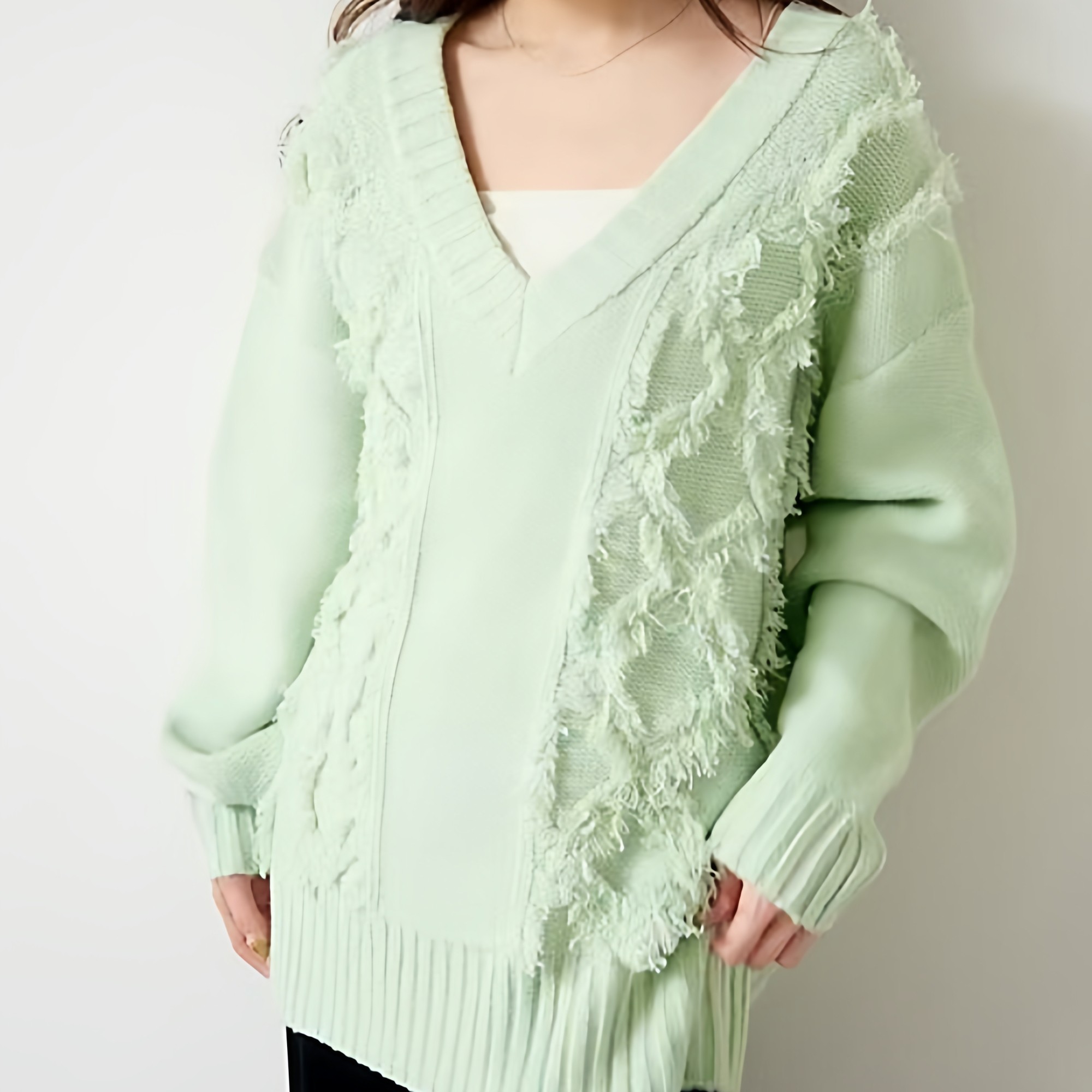 休闲风女宽松V领流苏针织衫绿色毛衣祖母风,女装/女士精品,毛衣,淘宝优惠券,粉丝福利购,淘宝优惠卷