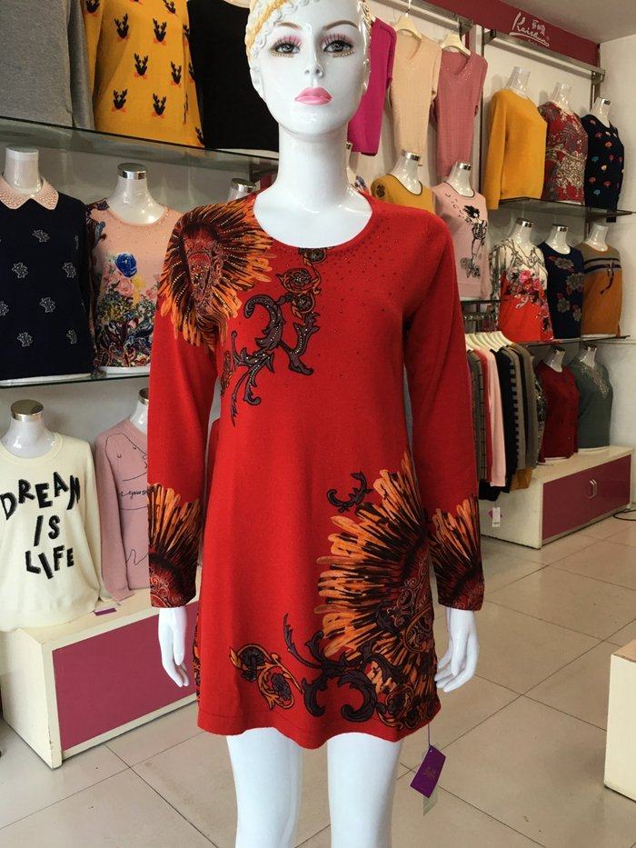 开顺K62WS653羊毛衫女正品秋冬新款圆领中长款绣花针织修身毛衣裙