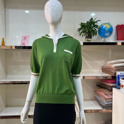 开顺短袖K24WS510女正品2025春夏新款纯色薄款针织衫帽领系带上衣