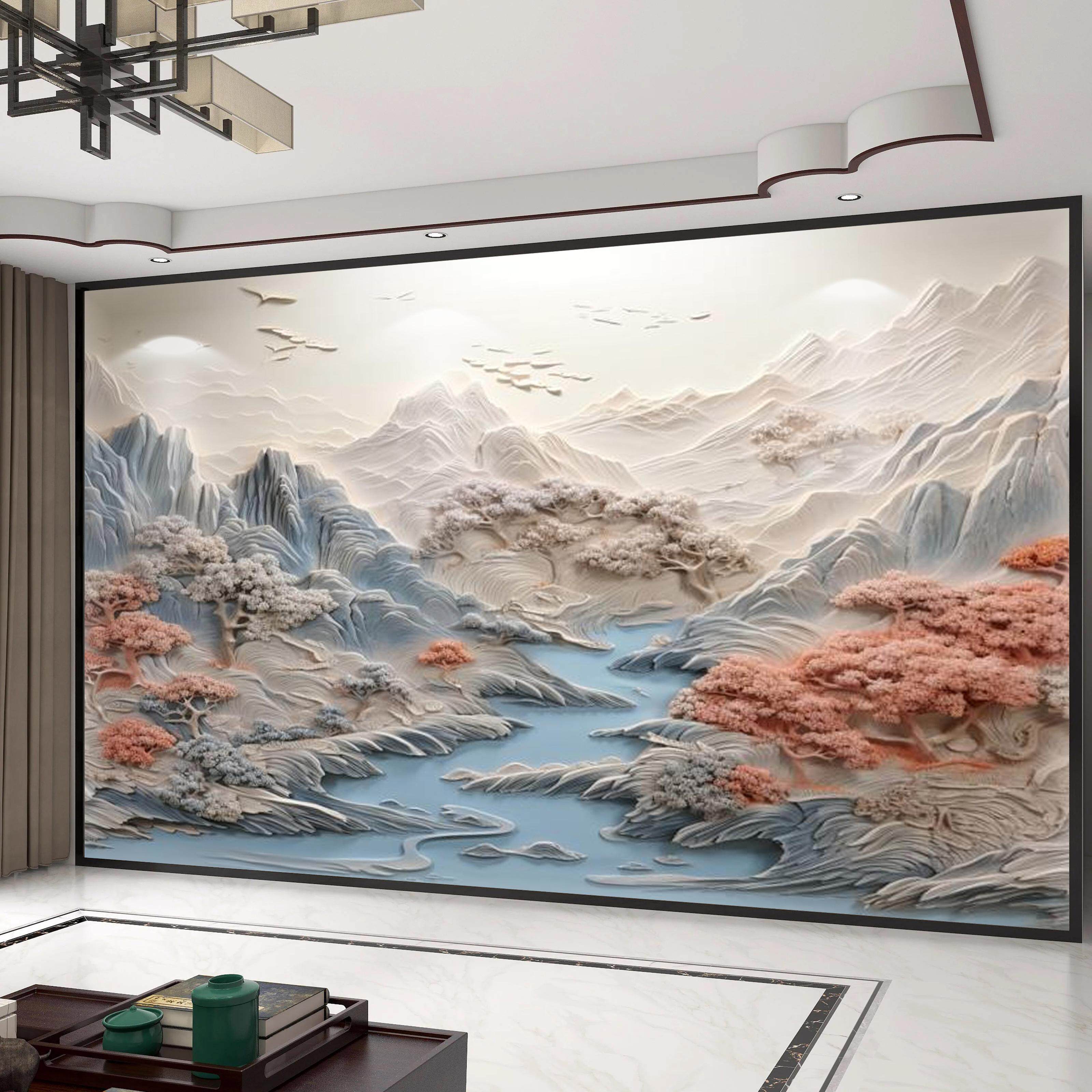 新中式山水风景墙布客厅电视背景墙纸3d立体仿石浮雕大堂无缝壁画