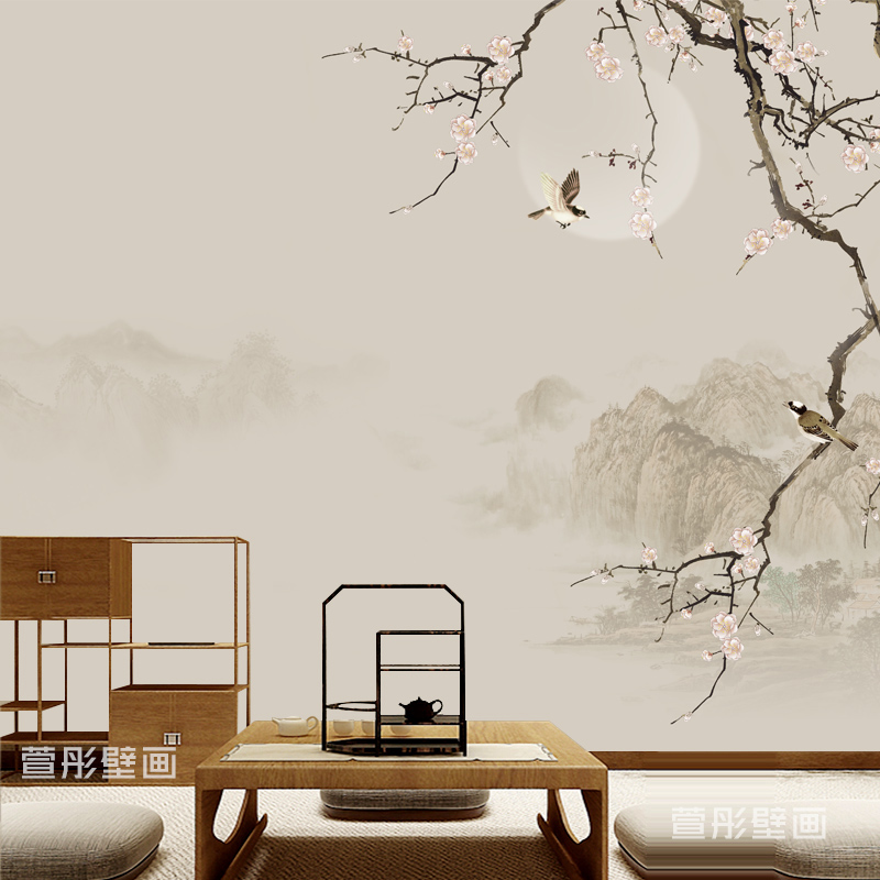 新中式3D简约花鸟墙纸养生馆美容院壁画客厅卧室墙布茶室背景壁纸