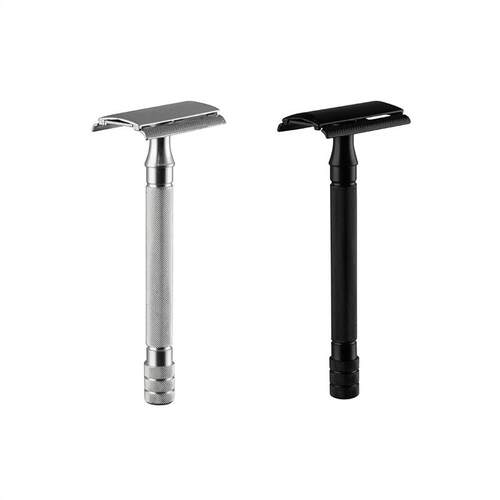 Aluminium alloy handles hand-in-hand with an old razor.