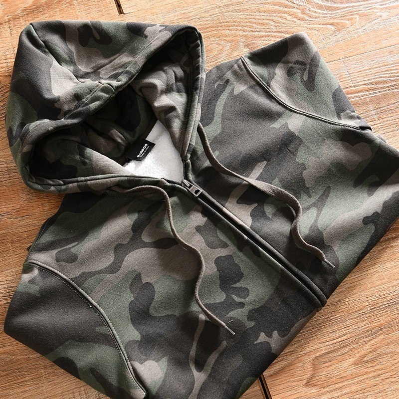 【嘻哈哈】内里加绒~外贸尾货~秋冬男士运动休闲连帽迷彩开衫卫衣