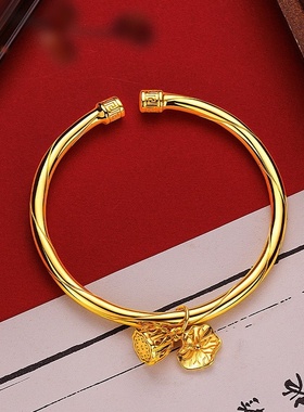 欧美跨境外贸沙金饰品新中式荷叶莲蓬开口手镯女小众感金久不手饰