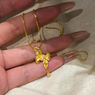 出口欧美跨境外贸沙金饰品点钻拉丝蝴蝶结吊坠项链轻奢小众饰品