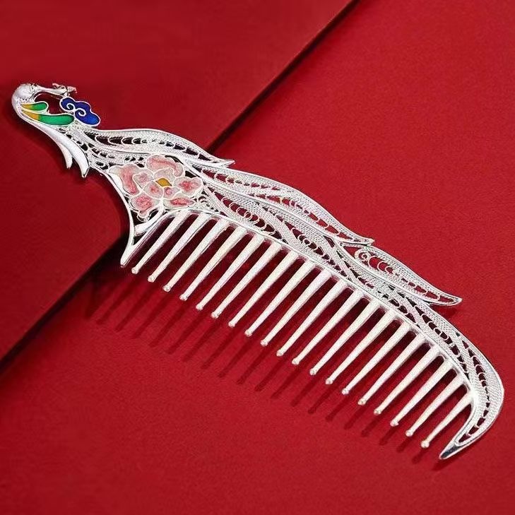 出口欧美跨境外贸镀银彩色凤凰梳子花丝珐琅镂空工艺银头民族银饰