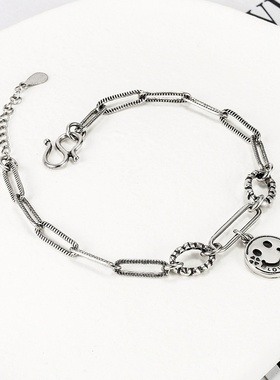 外贸轻奢银饰流行手饰字母饰品简约冷淡风笑脸吊牌微笑相扣手链女
