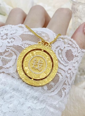欧美跨境外贸沙金饰品大钱吊坠项链女一面大一面钱可转动项链手饰