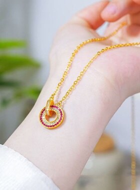 欧美跨境外贸沙金饰品新中式玫红色满钻环环相扣套链女金久不手饰