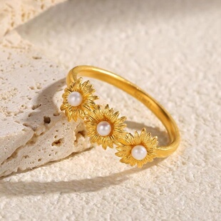 出口欧美跨境外贸珍珠小雏菊创意沙金锆石戒指女小众设计仿黄金第
