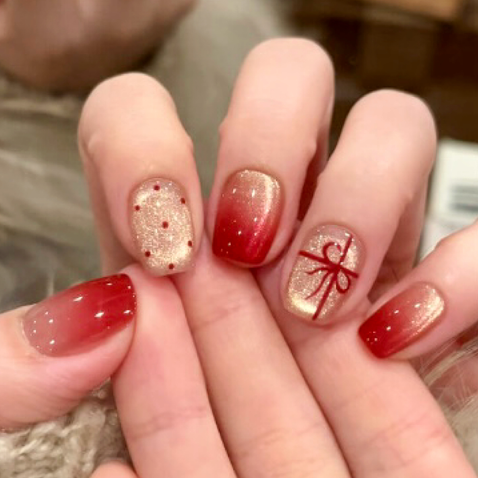 纯手工穿戴美甲短款成品新年红色猫眼蝴蝶结波点秋冬显白高级温柔