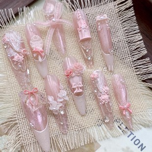 《蔷薇古堡》星梦手工穿戴美甲长婚粉白雕花钻甜柔重奢高定级绝美