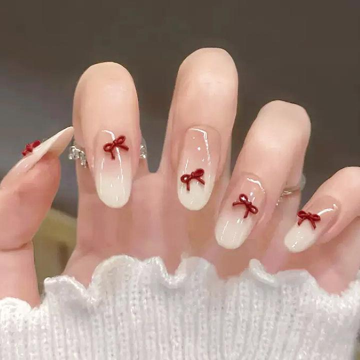 纯手工穿戴美甲成品短款显白高级温柔气质法式蝴蝶结白渐变红秋冬