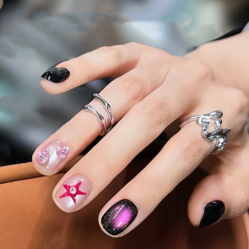 纯手工穿戴美甲高级短款成品显白温柔甜酷粉猫眼钻玫紫黑星星简单