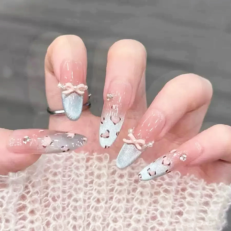 手工穿戴甲海盐甜心豹纹蝴蝶结美甲爆闪冰蓝猫眼指甲片显白高级感
