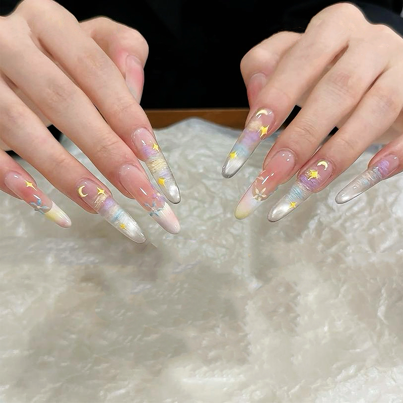纯手工穿戴美甲高级长款成品显白温柔甜妹彩虹糖果星光猫眼春日花