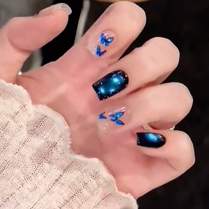 纯手工穿戴美甲短款成品显白高级温柔气质猫眼蝴蝶黑深蓝幽夜精灵