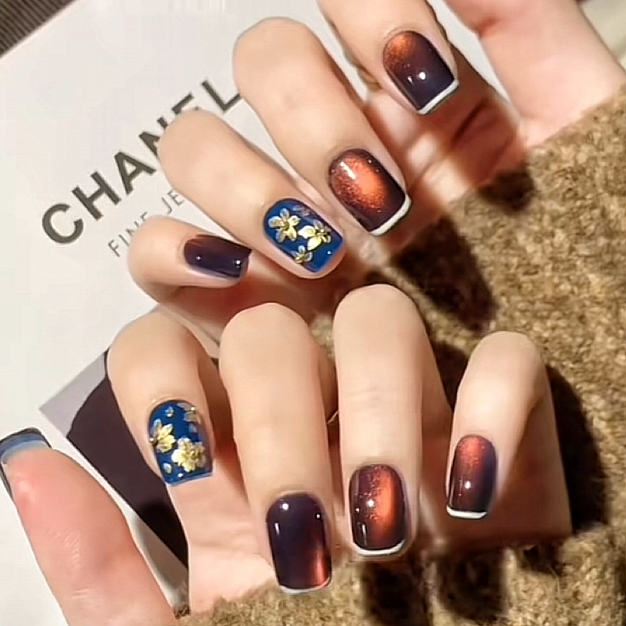 纯手工穿戴美甲短款成品猫眼花闪钻温柔白彩星河红棕蓝白法式显白